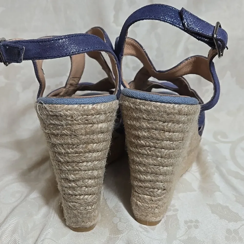 Kanna Women's Blue Leather Wedge Peep Toe Sandals